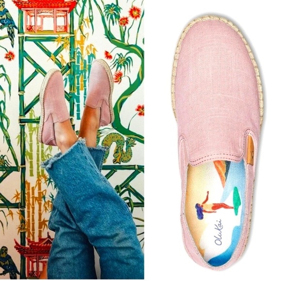 Olukai Pink Rose Sea Salt Kaula Pa’a Kapa Linen Espadrille Drop In Shoe - Picture 2 of 13